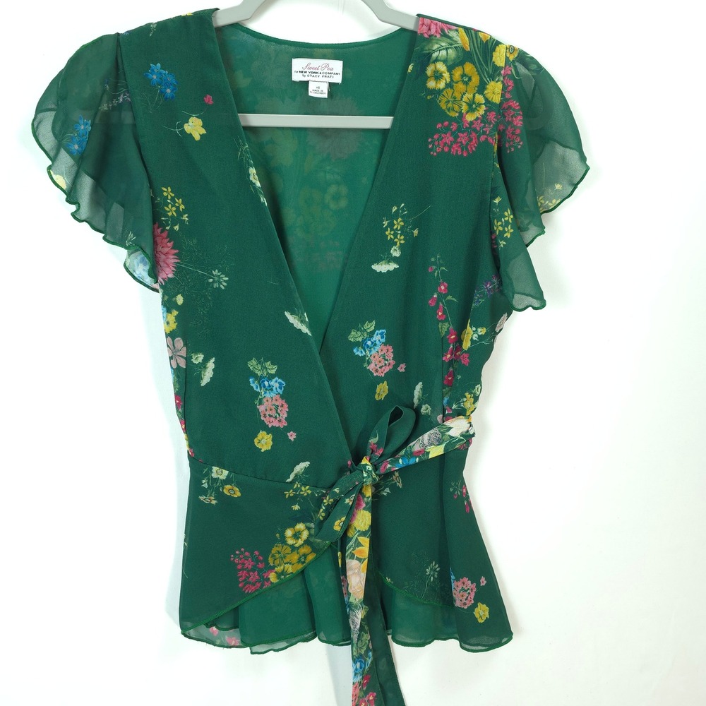 Sweet Pea Floral Wrap Tie Waist Blouse XS Green Sheer Ruffle Split Sleeve Boho